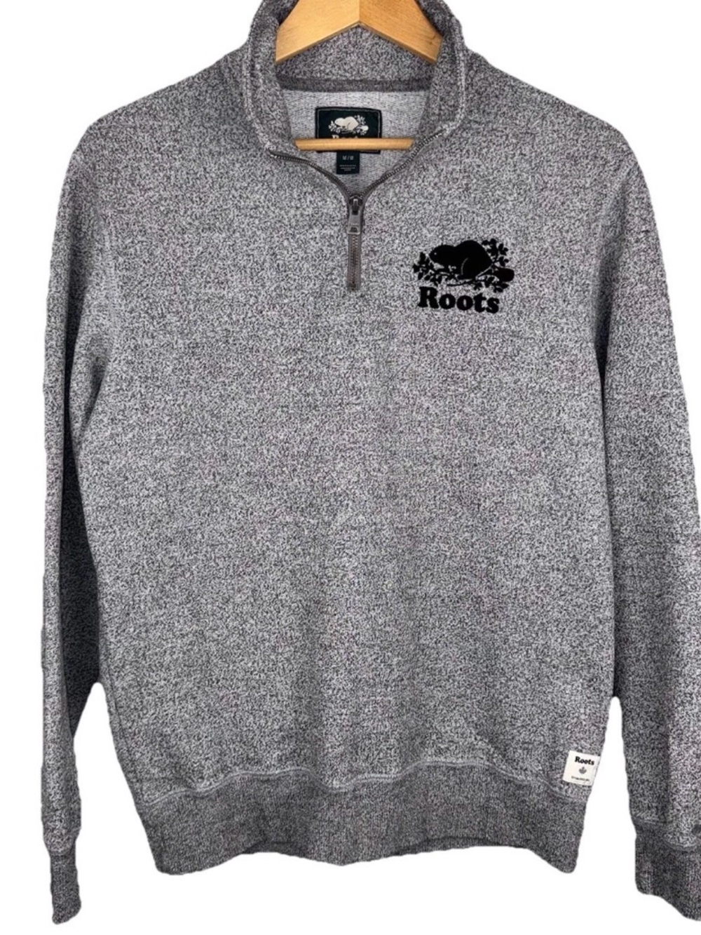 ROOTS / CANADA - Medium Fuzzy Beaver Logo Pullover 1/4 Zip Sweater Sweatshirt